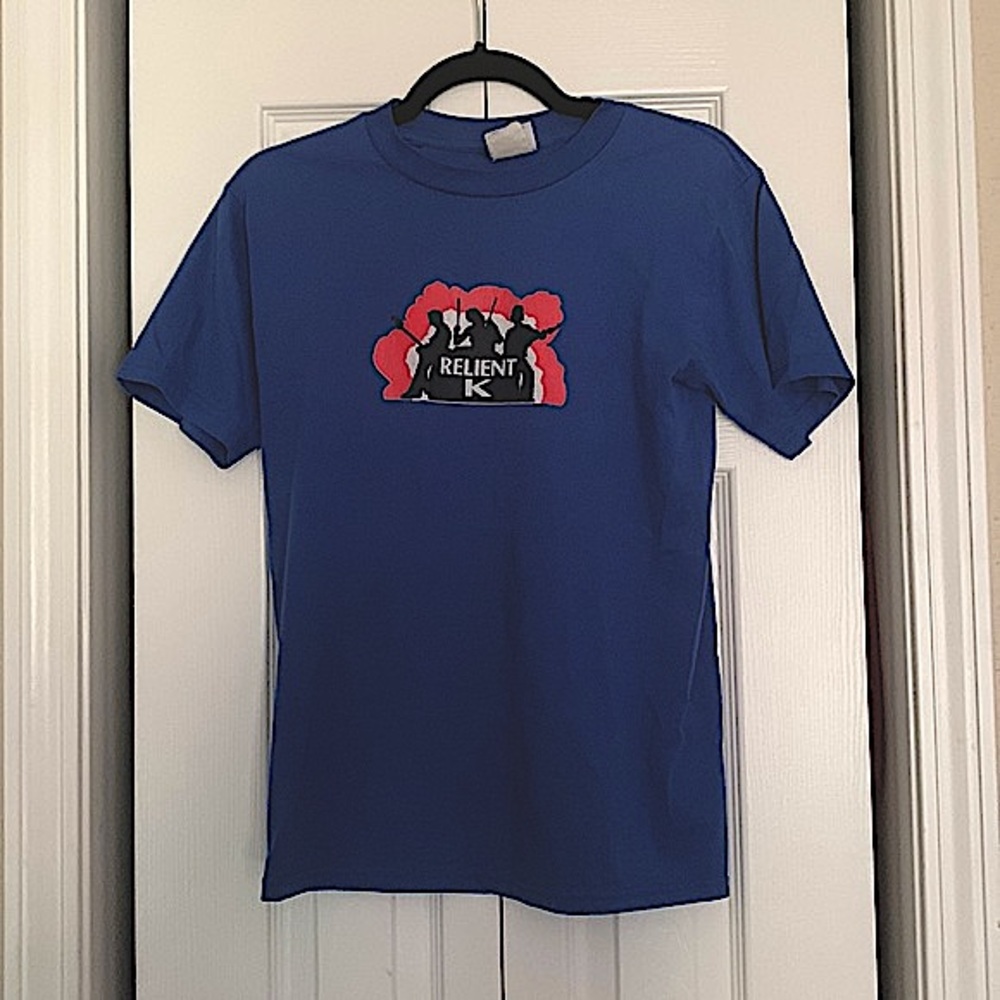 Relient K small blue band t-shirt with vintage red, white and black logo